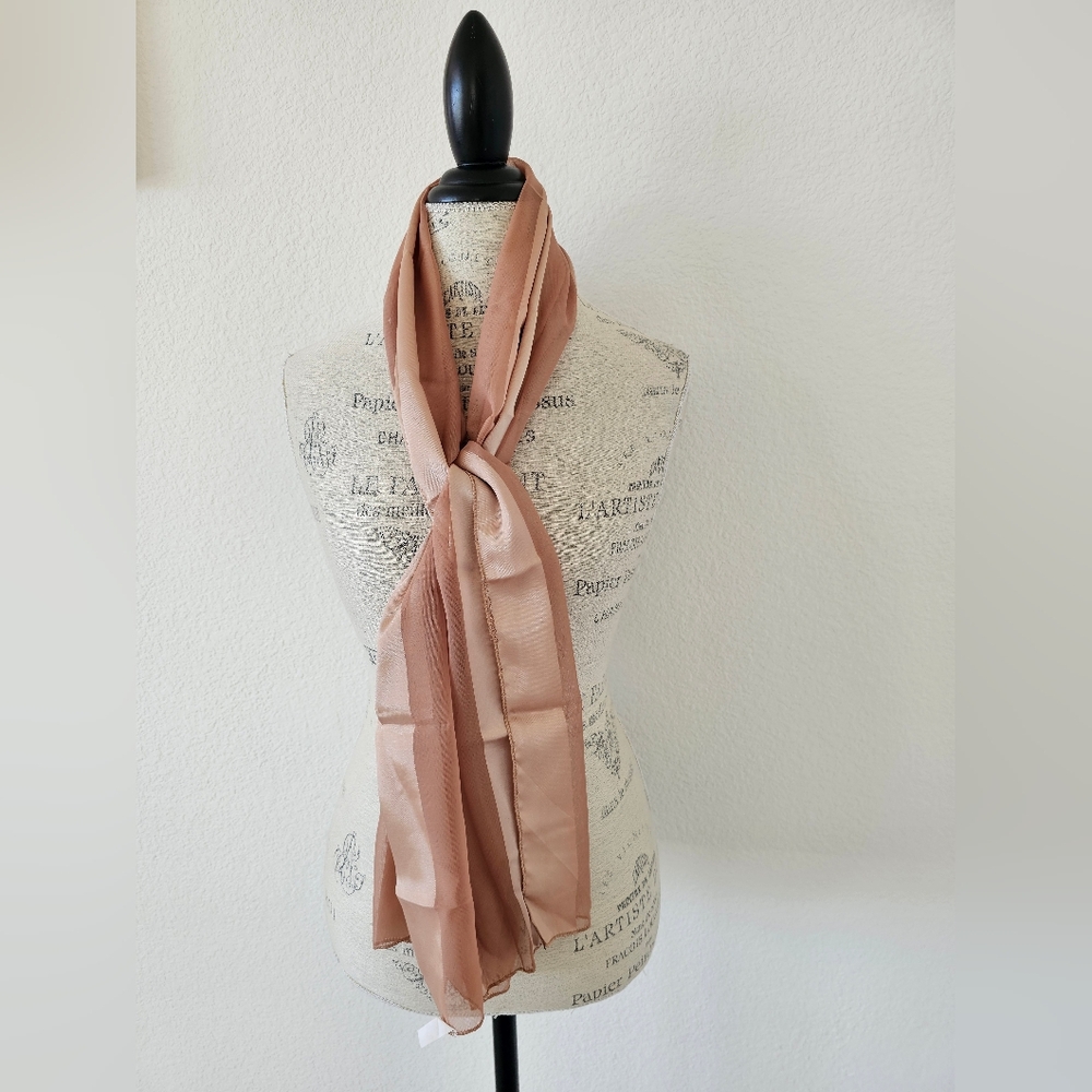 Rose Gold Champagne Striped Scarf – Sheer Satin Evening Shawl – Neutral Metallic